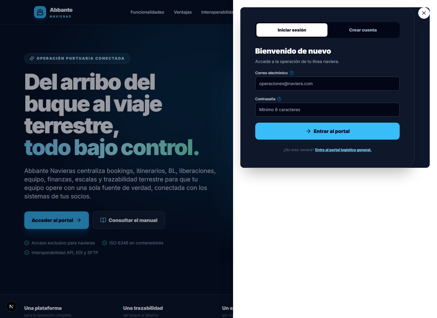 Formulario de acceso al Portal de Navieras