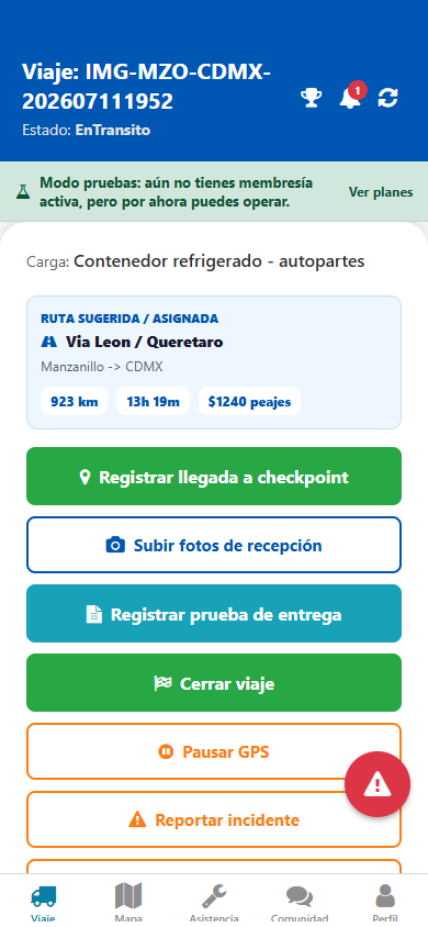 Pantalla real de AppPuertos con viaje activo e itinerario asignado